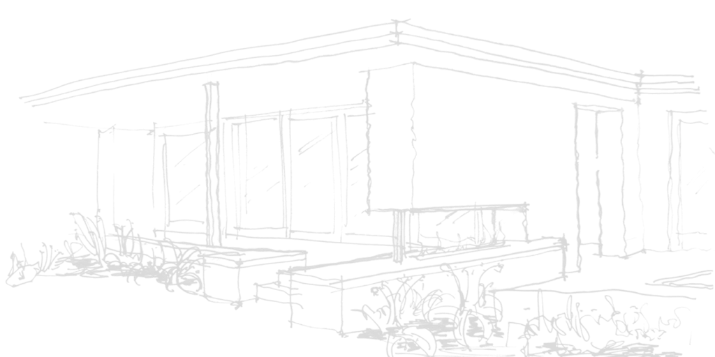A black and white architectural sketch of a modern house with large windows, a flat roof, and surrounding landscaping by Quattro Architecture.