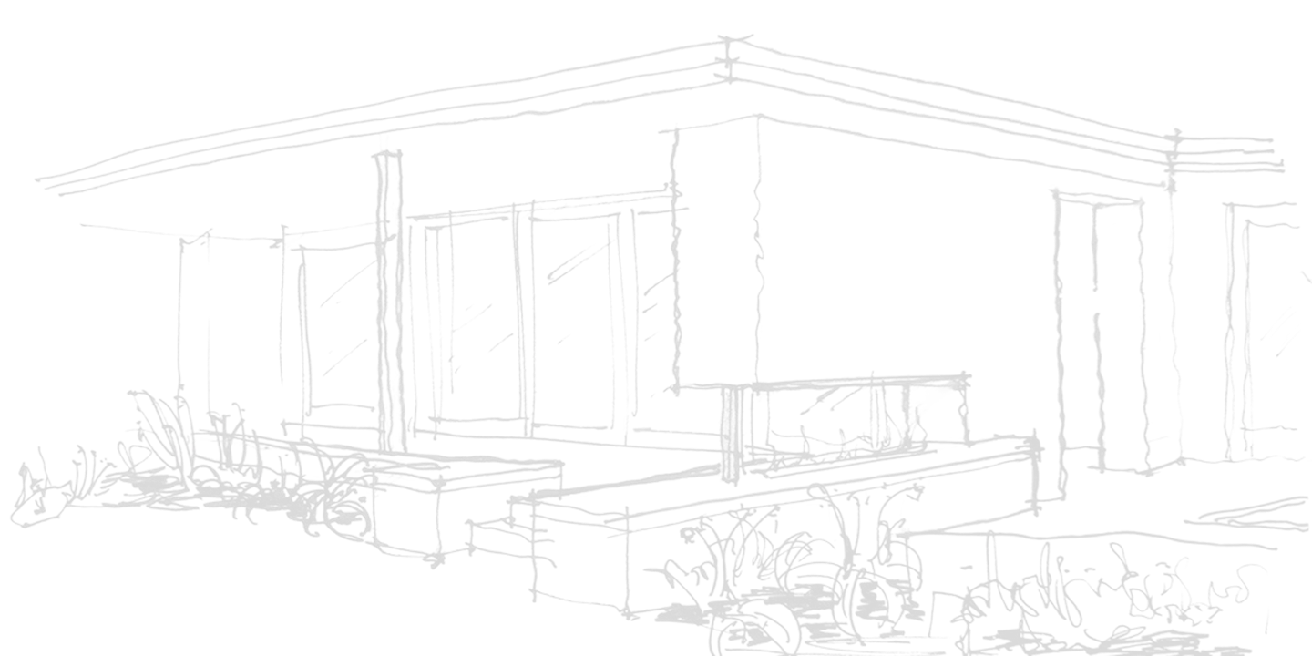 A black and white architectural sketch of a modern house with large windows, a flat roof, and surrounding landscaping by Quattro Architecture.