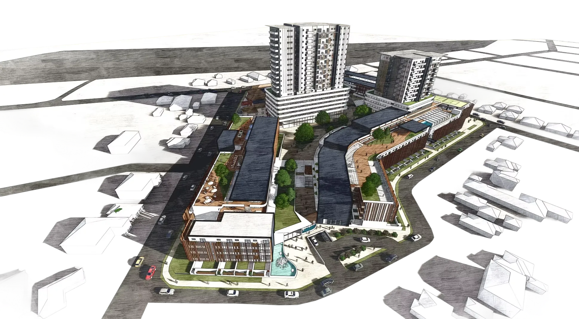 An architectural sketch showing a mixed-use urban development with high-rise towers, landscaped plazas, and modern commercial buildings from above.