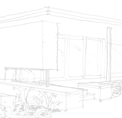 A black and white architectural sketch by Quattro Architecture showing a modern building with large glass windows and minimalist structural lines.