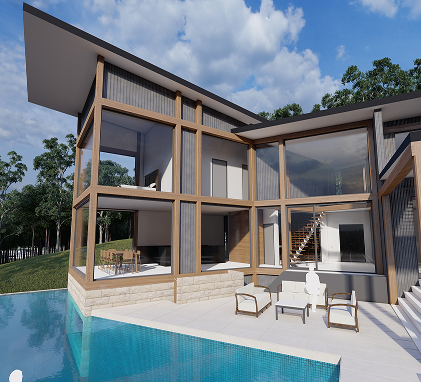 Modern two-story residential architecture by Quattro Architecture featuring floor-to-ceiling glass, wood framing, and a poolside patio area.