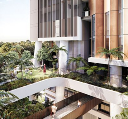 Modern high-rise architecture featuring elevated green terraces, lush tropical plants, and a pedestrian bridge connecting building sections.