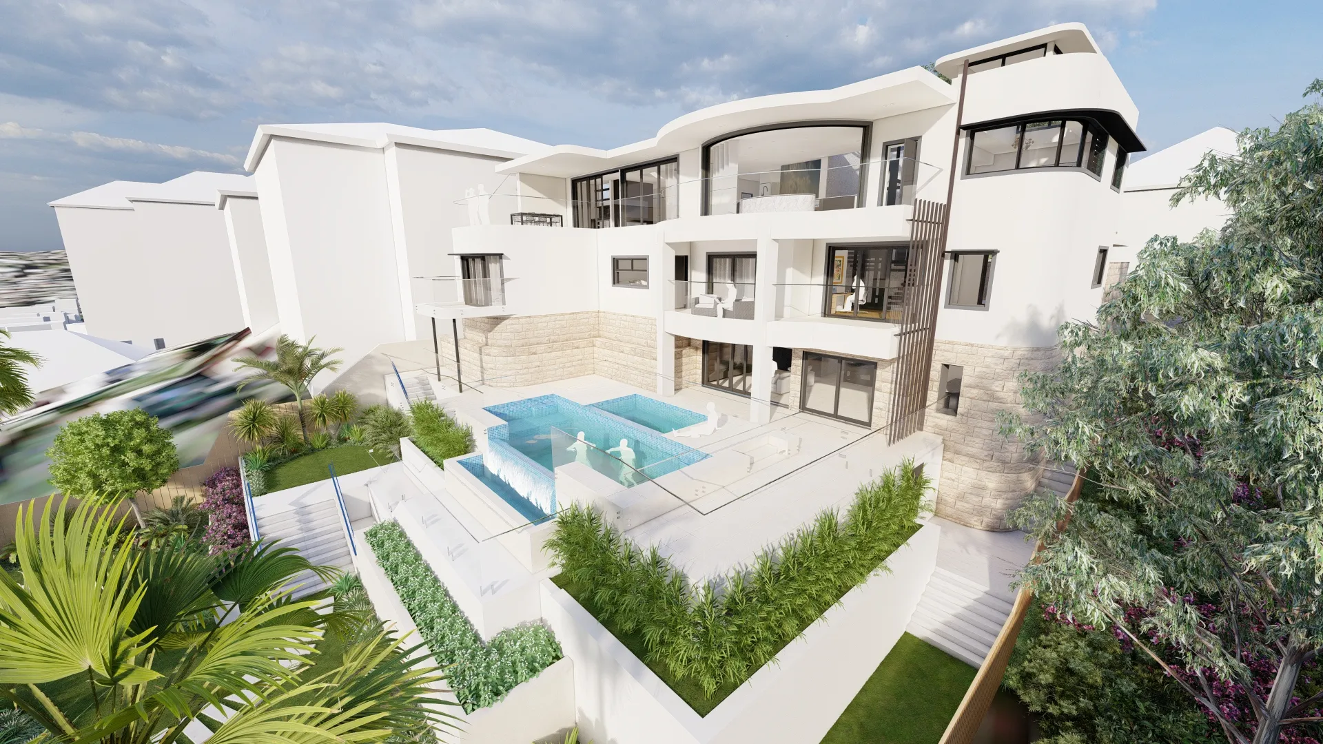 Modern white multi-level residential villa with a tiered swimming pool, stone accents, glass balconies, and lush landscaping by Quattro Architecture.